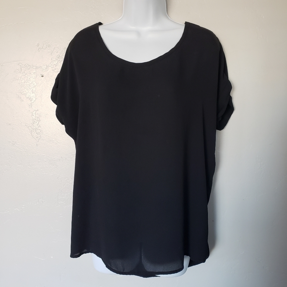 Pleione Women's Medium Black Short Sleeve Blouse Chiffon Flowy Loose Top Shirt